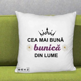 Cadou pentru Bunica - Perna Personalizata Cea Mai Buna Bunica Din Lume Coroana Mov Flori, 40x40 cm, Alb Pufos, Husa Detasabila, Perna Inclusa, BEKZ®