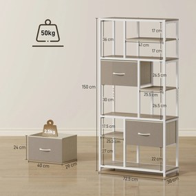 HOMCOM Etajeră de depozitare 6 niveluri, bibliotecă cu 2 sertare din țesătură, 9 rafturi deschise, 72,5 x 30 x 150 cm, alb | Aosom Romania