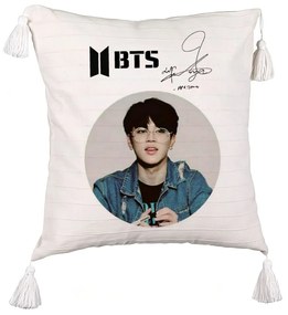 Perna Decorativa cu Franjuri BTS Jimin, 45x45 cm, Ecru, Cu fermoar