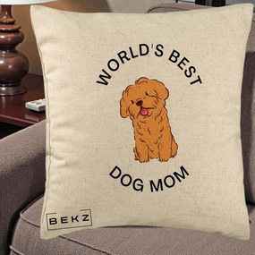 Cadou pentru Iubitorii de Caini - Perna Personalizata World's Best Dog Mom, 40x40 cm, Bej, Husa Detasabila, Perna Inclusa, BEKZ®