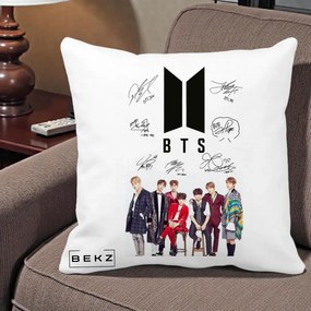 Perna Personalizata K-pop BTS Semnaturi Foto, 40x40 cm, Alba Mata, Husa Detasabila, Perna Inclusa, BEKZ®