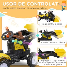 HOMCOM Excavator cu Pedale pentru Copii de 3 Ani cu Cupă Frontală și Volan, 114x41x52 cm, Galben | Aosom Romania