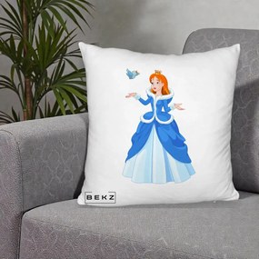 Perna Personalizata Printesa Albastra cu Pasare, 40x40 cm, Alb Pufos, Husa Detasabila, Perna Inclusa, BEKZ®