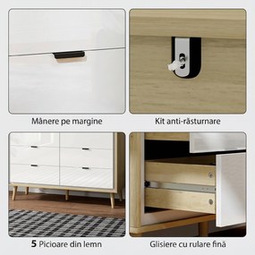 HOMCOM Comodă cu 6 Sertare din Lemn 110x40x75 cm Alb Lucios și Stejar | Aosom Romania