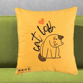 Perna Personalizata Cat Lover Pisica Ilustratie Linie, 40x40 cm, Galben, Husa Detasabila, Perna Inclusa, BEKZ®
