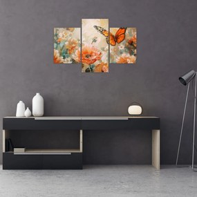 Tablou - Fluture și flori, pictură în ulei (90x60 cm)