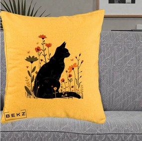 Perna Decorativa Pisica Neagra Profil Flori Portocalii, 40x40 cm, Galben, Husa Detasabila, Perna Inclusa, BEKZ®