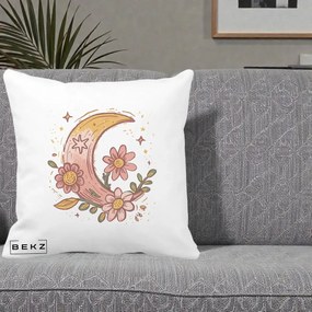 Perna Decorativa Luna Florala Boho, 40x40 cm, Alba Mata, Husa Detasabila, Perna Inclusa, BEKZ®
