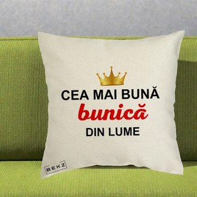 Cadou pentru Bunica - Perna Personalizata Cea Mai Buna Bunica Din Lume Coroana Aurie, 40x40 cm, Ecru, Husa Detasabila, Perna Inclusa, BEKZ®