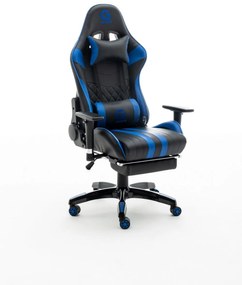RESIGILATE-Scaun gaming King size, funcție șezlong, suport picioare, Negru/Albastru