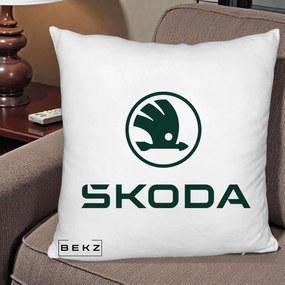Perna Personalizata cu emblema Skoda, 40x40 cm, Alb Pufos, Husa Detasabila, Perna Inclusa, BEKZ®