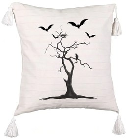 Perna Decorativa cu Franjuri cu motiv de Halloween 3, 45x45 cm, Ecru, Cu fermoar