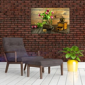 Tablou - lalele, râșniță și cafea (90x60 cm)