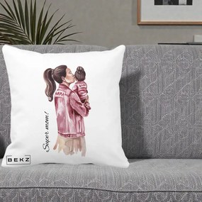 Cadou pentru Mama - Perna Personalizata Super Mom Jachete Roz, 40x40 cm, Alba Mata, Husa Detasabila, Perna Inclusa, BEKZ®