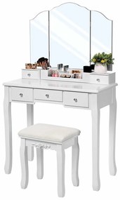 Set Barbara, Masă de toaletă cu 3 oglinzi, 5 sertare, organizator, scaun, Alb,