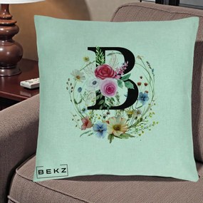 Cadou Personalizat - Perna Personalizata Monogram Litera B cu Flori Acuarela, 40x40 cm, Verde Menta, Husa Detasabila, Perna Inclusa, BEKZ®