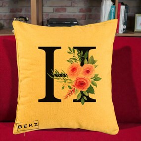 Cadou Personalizat - Perna Personalizata Monograma Florala Litera H cu Trandafiri Roz, 40x40 cm, Galben, Husa Detasabila, Perna Inclusa, BEKZ®