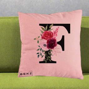 Cadou Personalizat - Perna Personalizata Monograma Florala Litera F, 40x40 cm, Roz, Husa Detasabila, Perna Inclusa, BEKZ®