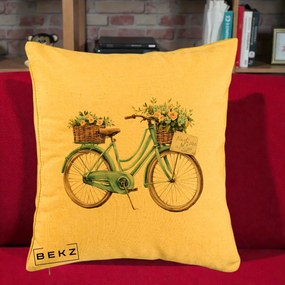 Perna Decorativa Bicicleta Teal cu Cosuri Duble de Flori Vintage, 40x40 cm, Galben, Husa Detasabila, Perna Inclusa, BEKZ®