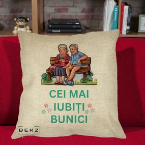 Cadou pentru Bunici - Perna Personalizata Cei Mai Iubiti Bunici Cuplu pe Banca Ilustratie, 40x40 cm, Crem, Husa Detasabila, Perna Inclusa, BEKZ®