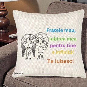 Cadou pentru Frate - Perna Personalizata Fratele Meu Te Iubesc Copii Anime Colorat, 40x40 cm, Crem Reliefat, Husa Detasabila, Perna Inclusa, BEKZ®
