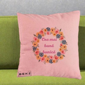 Cadou pentru Bunica - Perna Personalizata Cea Mai Buna Bunica Coronita Flori Multicolore, 40x40 cm, Roz, Husa Detasabila, Perna Inclusa, BEKZ®