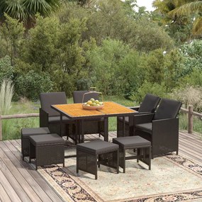 vidaXL Set mobilier de grădină cu perne, 9 piese, negru, poliratan