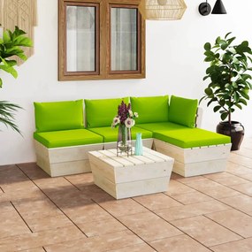 Set mobilier gradina din paleti, 5 piese, cu perne, lemn molid verde aprins, colt + 2x mijloc + masa + suport pentru picioare, 1