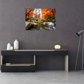 Tablou pe sticlă - Cascade în peisaj de toamnă, portocaliu (70x50 cm)