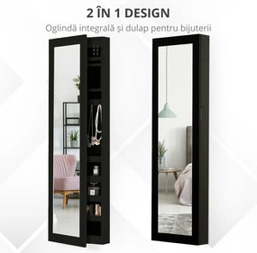 HOMCOM Dulap pentru Bijuterii cu Oglindă, Montare pe Perete, din Lemn MDF, Negru, 37x9.5x121 cm | Aosom Romania