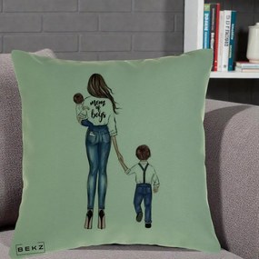 Cadou pentru Mama - Perna Personalizata Mom of Boys Mama cu Baietii, 40x40 cm, Verde, Husa Detasabila, Perna Inclusa, BEKZ®