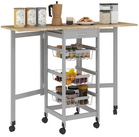 HOMCOM Cărucior de Bucătărie din Lemn și Metal cu 3 Coșuri, Sertar și Clapete, 37x37x77.5 cm, Gri | Aosom Romania