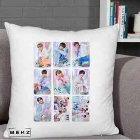 Perna Personalizata K-pop BTS Colaj 9 Fotografii Autografe Individual, 40x40 cm, Alb Pufos, Husa Detasabila, Perna Inclusa, BEKZ®