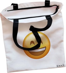 Sacosa de Panza pentru Cumparaturi, Geanta Tote, model Happy Emoji, Cu fermoar, 38x34.5 cm, Alba, BEKZ®