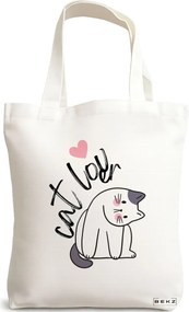 Sacosa de Panza pentru Cumparaturi, Geanta Tote, model Cat Lover, 38x34.5 cm, Alba, BEKZ®