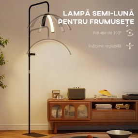 HOMCOM Lampă de Podea LED cu Cap Semilună, Înălțime și Temperatură de Culoare Reglabile, Telecomandă, Negru | Aosom Romania