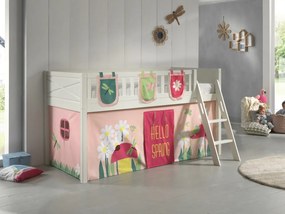 Pat semi-supraetajat pentru copii SCOTT, alb, 90 x 200 cm, din pin scandinav masiv, cu scară, opțional cu sertare pentru depozitare și textil SPRING