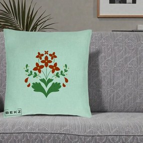 Perna Decorativa Buchet Floral Folk Rosu-Verde, 40x40 cm, Verde Menta, Husa Detasabila, Perna Inclusa, BEKZ®