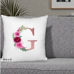Cadou Personalizat - Perna Personalizata Monograma Rose Gold Litera G, 40x40 cm, Alb Pufos, Husa Detasabila, Perna Inclusa, BEKZ®