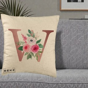 Cadou Personalizat - Perna Personalizata Monograma Rose Gold Litera W cu Trandafiri si Anemona, 40x40 cm, Bej, Husa Detasabila, Perna Inclusa, BEKZ®
