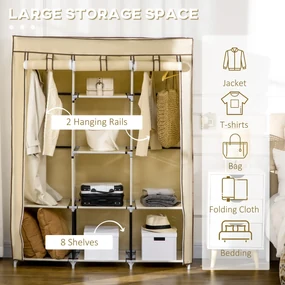 HOMCOM Dulap Portabil din Stofă cu 8 Rafturi și 2 Bare, Organizator Haine cu Ușă Rulantă, 125x43x162.5 cm, Bej | Aosom Romania