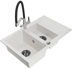 Mexen Gaspar Chiuvetă de granit de 1,5 compartiment cu picurător și baterie de bucătărie Duo, Albă - 6507-20-671701-07-B