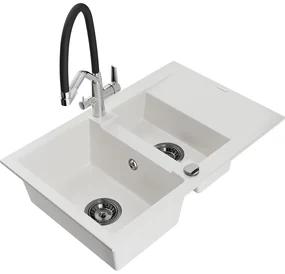 Mexen Gaspar Chiuvetă de granit de 1,5 compartiment cu picurător și baterie de bucătărie Duo, Albă - 6507-20-671701-07-B