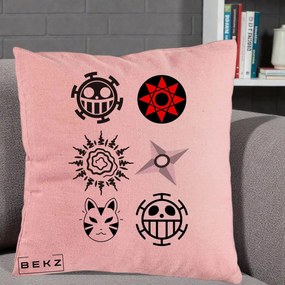 Perna Personalizata Simboluri Anime Mix - Naruto One Piece, 40x40 cm, Roz, Husa Detasabila, Perna Inclusa, BEKZ®