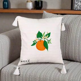 Perna Decorativa Portocala in Floare, 40x40 cm, Bej cu Franjuri, Husa Detasabila, Perna Inclusa, BEKZ®