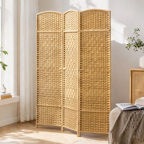 HOMCOM Paravan Interior Pliabil cu 3 Panouri Împletit din PP și Lemn de Pin, 135x1,7x180 cm, Lemn Natural | Aosom Romania