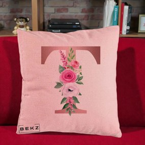 Cadou Personalizat - Perna Personalizata Monograma Rose Gold Litera T, 40x40 cm, Roz, Husa Detasabila, Perna Inclusa, BEKZ®