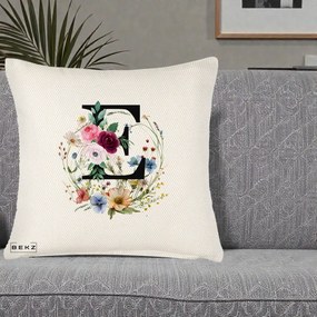 Cadou Personalizat - Perna Personalizata Monogram Litera E cu Flori Acuarela, 40x40 cm, Crem Reliefat, Husa Detasabila, Perna Inclusa, BEKZ®