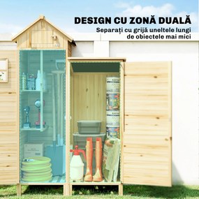 Outsunny Magazie pentru Unelte cu 2 Zone, Rafturi Reglabile și Fereastră, din Lemn de Brad, 106x57x167 cm, Culoare Naturală | Aosom Romania
