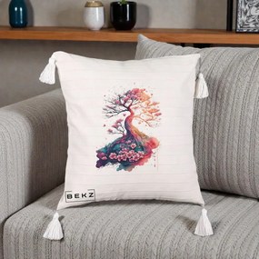Perna Decorativa Copac Sakura Acuarela Fantasy, 40x40 cm, Bej cu Franjuri, Husa Detasabila, Perna Inclusa, BEKZ®